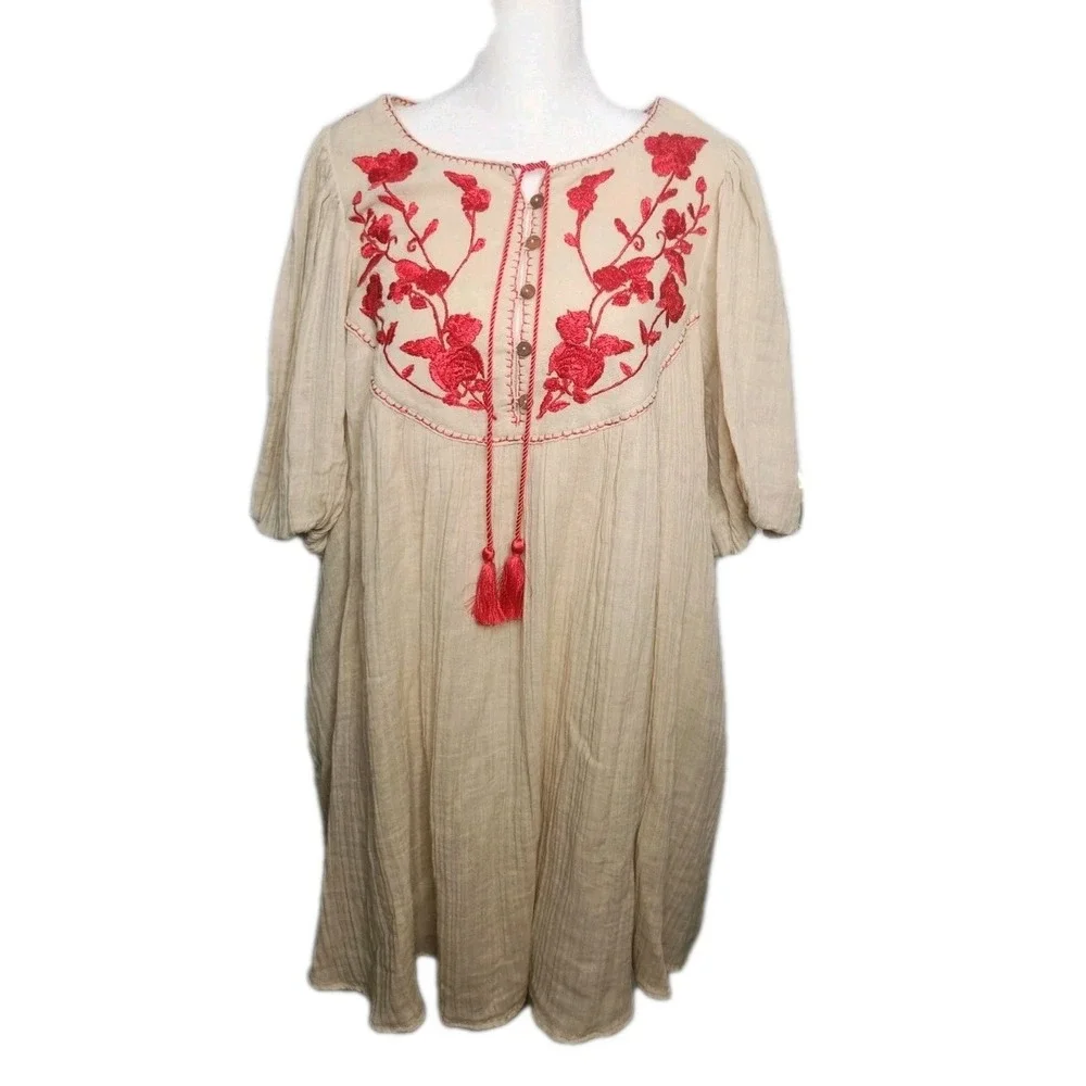Boho Rustic Flowy NWT Free People Embroidered Mini Dress Gauze Pockets Tassels M